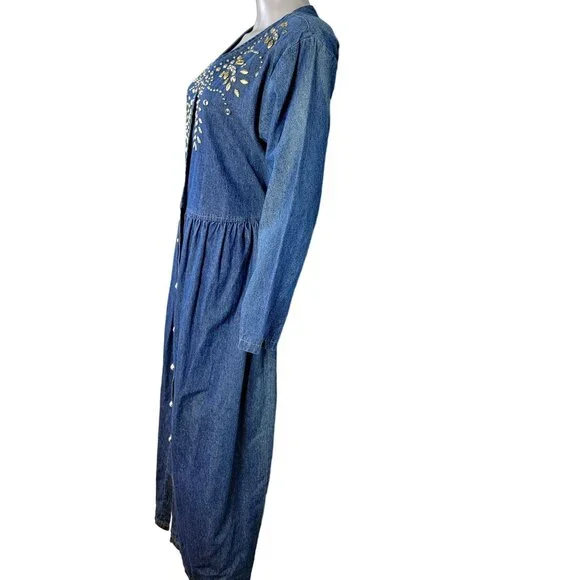 Vintage 90s Denim Midi Dress Women Medium Teacher Embellished Rhinestone 8 10 M - Picture 14 of 16